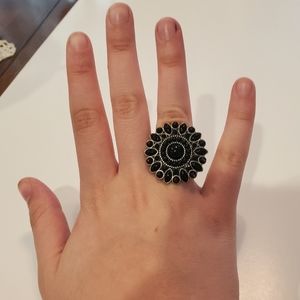 Black Flower Ring Stretchy Beaded Band
